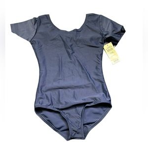 LEVERET girls size XL 12-14 navy blue dance ballet short sleeve leotard NWT